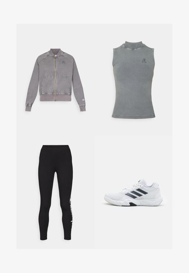 Giacca grigia con zip, con polsini e orlo a costine, dotata di due tasche frontali e un piccolo logo sul petto. Tessuto testurizzato con una finitura sbiadita.; Top in cotone grigio a coste con scollatura alta e senza maniche. Presenta un piccolo logo ricamato sul petto e una silhouette aderente.; Leggings neri con una texture liscia, vita alta e dettaglio del logo bianco lungo il lato sinistro. Design aderente, lunghezza completa.; Scarpa sportiva bianca con tomaia in mesh, tre strisce nere sui lati, dettagli testurizzati e una suola in gomma robusta con una sezione nera a contrasto.