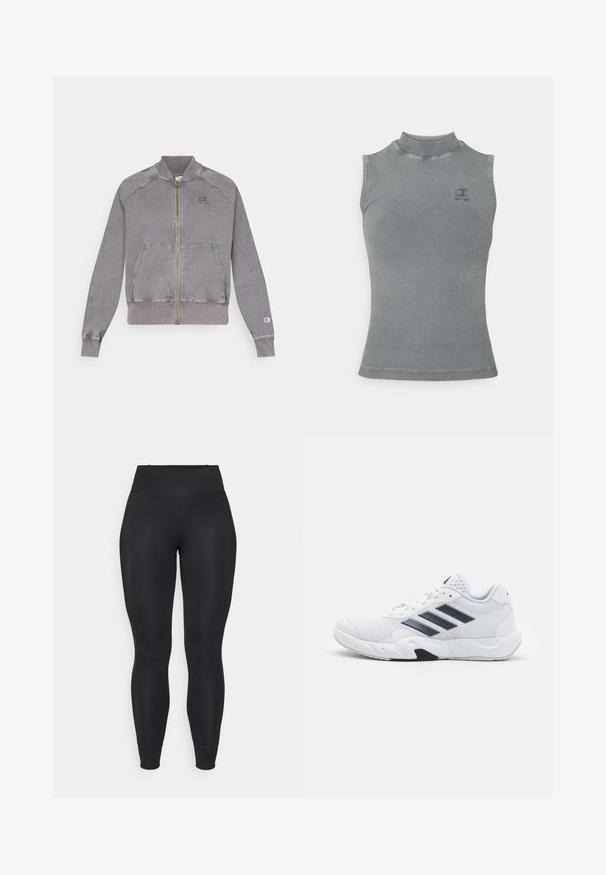 Hallgrå tõmbluku ees jakki, millel on soonikkoes mansetid ja alumine äär, kahte eesmist taskut ja väike logo rinnal. Tekstureeritud kangas, millel on pleekinud viimistlus.; Hall kvaliteetne hall ribaga kampsun, millel on kõrge kaelus ja ilma varrukateta disain. Varrukate kohal asub väike tikitud logo ja see on pealt kinnihoitav siluett.; Must have mustretired mustwear musthass mustives mustent cute musttranslation muststatements mustthemobile musthass mustmaker mustements mustidea mustquotes mustadvertisements mustwons; Valge spordijalats, millel on võrkpealne, kolm musta triipu küljepeal, tekstuuriga aktsendid ning tugev kummist tallaosa, millel on kontrastne must osa.
