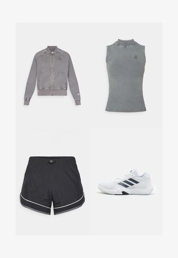 Hallgrå tõmbluku ees jakki, millel on soonikkoes mansetid ja alumine äär, kahte eesmist taskut ja väike logo rinnal. Tekstureeritud kangas, millel on pleekinud viimistlus.; Hall kvaliteetne hall ribaga kampsun, millel on kõrge kaelus ja ilma varrukateta disain. Varrukate kohal asub väike tikitud logo ja see on pealt kinnihoitav siluett.; Mustad mustsikad lühikesed püksid kergest, tekstuuritud kangast; sisaldab valget aktsenttriipu, elastset vöökohta ja reguleeritavat paela.; Valge spordijalats, millel on võrkpealne, kolm musta triipu küljepeal, tekstuuriga aktsendid ning tugev kummist tallaosa, millel on kontrastne must osa.