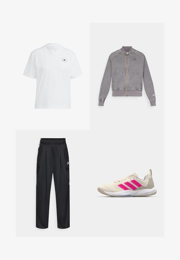 Graue Zip-Jacke mit gerippten Bündchen und Saum, ausgestattet mit zwei Fronttaschen und einem kleinen Logo auf der Brust. Strukturierte Stoff mit einem verblassten Finish.; Weißes Baumwoll-T-Shirt mit rundem Halsauschnitt und kurzen Ärmeln. Verfügt über ein kleines schwarzes Logo auf der linken Brust. Einheitliche Farbe, glatte Textur.; Schwarze Sporthose mit Bundfalten, elastischem Bund und Seitenstreifen. Hergestellt aus glattem Stoff, mit dem weißen Adidas-Logo.; Beige Sportsschuh mit pinkem Dreistreifen-Logo, strukturiertem Mesh-Obermaterial, gepolstertem Schaft und weißer Gummisohle, mit "LIGHTSTRIKE"-Branding.