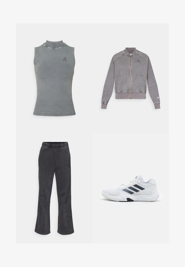 Szara kurtka zapinana na zamek z ribbowanymi mankietami i dołem, z dwoma przednimi kieszeniami i małym logo na klatce piersiowej. Teksturowana tkanina o wyblakłym wykończeniu.; Szary prążkowany top na ramiączkach o wysokiej szyi i bez rękawów. Posiada małe haftowane logo na klatce piersiowej oraz dopasowany fason.; Spodnie dresowe w kolorze ciemnoszarym z rozszerzanymi nogawkami, wykonane z miękkiego materiału. Posiadają elastyczny pas i haftowane logo po boku.; Białe buty sportowe z siateczkową cholewką, trzy czarne paski po boku, teksturowane akcenty i solidna gumowa podeszwa z kontrastującą czarną sekcją.