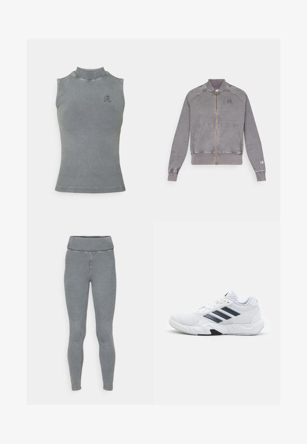 Pilkas zip-up džemperis su raukiniais ant rankovių ir apačios, turintis dvi priekines kišenes ir mažą logotipą ant krūtinės. Tekstūruota medžiaga su nusidėvėjusiu efektu.; Pilka raukšlėta be rankovių marškinėlė su aukštu apykaklės dizainu. Yra mažas siuvinėtasis logotipas ant krūtinės ir prigludusi siluetas.; Pilkos striukinės legging'os, turinčios platų elastinį juosmenį ir siaurėjantį siluetą. Pagamintos iš tamprios medžiagos su lygiu paviršiumi.; Baltas sportinis batelis su tinklelio viršumi, trimis juodomis juostelėmis šone, tekstūruotais akcentais ir tvirtu guminio pado su kontrastinga juoda dalimi.