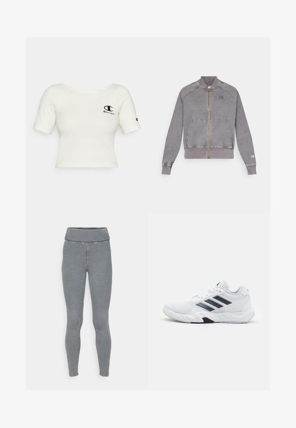 Szara kurtka zapinana na zamek z ribbowanymi mankietami i dołem, z dwoma przednimi kieszeniami i małym logo na klatce piersiowej. Teksturowana tkanina o wyblakłym wykończeniu.; Krótka, kremowa koszulka z materiału ścieranego. Posiada czarne logo Champion po lewej stronie klatki piersiowej oraz małe logo na rękawie.; Szare, prążkowane legginsy z szerokim, elastycznym pasem i zwężanym krojem. Wykonane z rozciągliwego materiału o gładkiej strukturze.; Białe buty sportowe z siateczkową cholewką, trzy czarne paski po boku, teksturowane akcenty i solidna gumowa podeszwa z kontrastującą czarną sekcją.