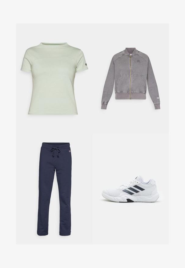 Grå jakke med glidelås, ribbede ermer og nederkant, med to frontlommer og en liten logo på brystet. Strukturert stoff med en falmet finish.; Lys grønn t-skjorte med korte ermer laget av myk stoff, med rund hals og en liten logo på venstre erme.; Marineblå joggebukser laget av myk bomullsblanding, med snøring i midjen og lukket hem, og et lite logodesign.; Hvit sportsko med mesh-overdel, tre svarte striper på siden, teksturerte detaljer og en solid gummisåle med en kontrasterende svart seksjon.