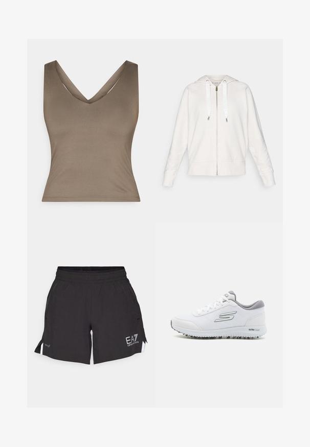 Light gray zip-up hoodie made of soft fabric, featuring a hood, white drawstrings with logo, and ribbed cuffs and hem.; Brown, sleeveless top with a deep V-neck design, made of smooth fabric. Features a fitted silhouette and clean, minimal stitching.; Black athletic shorts with an elastic waistband, side pockets, and white logo accents. Features a split hem design for mobility.; White athletic shoes with a textured mesh upper, silver accents, and a lightweight sole featuring small traction studs, labeled "ULTRA FLIGHT."