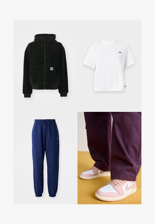 Carhartt WIP ACTIVE JACKET - Bluză de molton cu fermoar - black; Tricou alb din bumbac, cu o croială lejeră, având un mic patch cu logo pe piept și un eticheta pe lateral pentru un detaliu suplimentar.; Pantaloni de sport bleumarin, confecționați dintr-un material moale, având o talie elastică cu șnur, manșete elastice și un mic logo alb.; Jordan AIR JORDAN 1 LOW - Sneakers low - white/pink oxford/sail