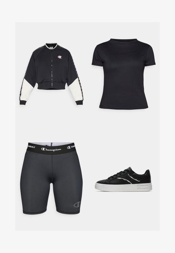 Champion SPORT HERITAGE FULL ZIP - Felpa con zip - black; T-shirt nera a maniche corte realizzata in un tessuto misto cotone, con colletto girocollo e superficie liscia, senza loghi o motivi visibili.; Pantaloni sportivi neri con logo Champion e branding Combat su una larga fascia in vita. Realizzati in un materiale liscio e elasticizzato.; Sneaker nera in pelle con suola bianca, caratterizzata da sottili accenti argentati e design con lacci. Texture liscia con dettagli brandizzati sul tallone.