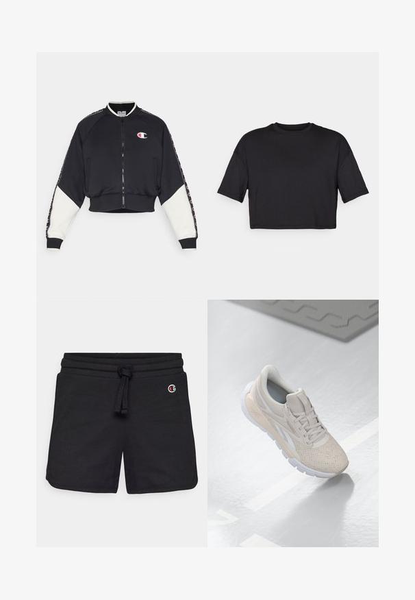 Champion SPORT HERITAGE FULL ZIP - Zip-up sweatshirt - black; Black cropped t-shirt made of soft fabric, featuring a round neckline and short, wide sleeves, with a simple, seamless design.; Black sweat shorts made of soft fabric, featuring an elastic waistband with a drawstring and a small embroidered logo on the front.; Light beige athletic shoe with a perforated upper, textured accents, padded collar, and white rubber sole, designed for comfort and breathability.