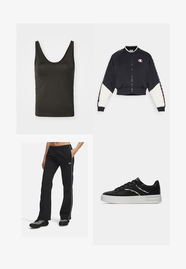 Champion SPORT HERITAGE FULL ZIP - Jaka ar rāvējslēdzēju - black; Melnā bezpiedurkņu T-krekls ar noapaļotu kakla izgriezumu, izgatavots no gludas, stiepšanās auduma. Vienkāršs dizains ar tīrām malām, piemērots kārtot. ; Melnas sporta bikses ar elastīgu jostu, baltām sānu svītrām un mīkstu audumu. Apvienotas ar tumšiem, rakstainiem sporta apaviem.; Melnas ādas tenisu kurpes ar baltu zoli, ar plānām sudraba akcentu un auklu dizainu. Gluda tekstūra ar zīmola detaļām uz papēža.