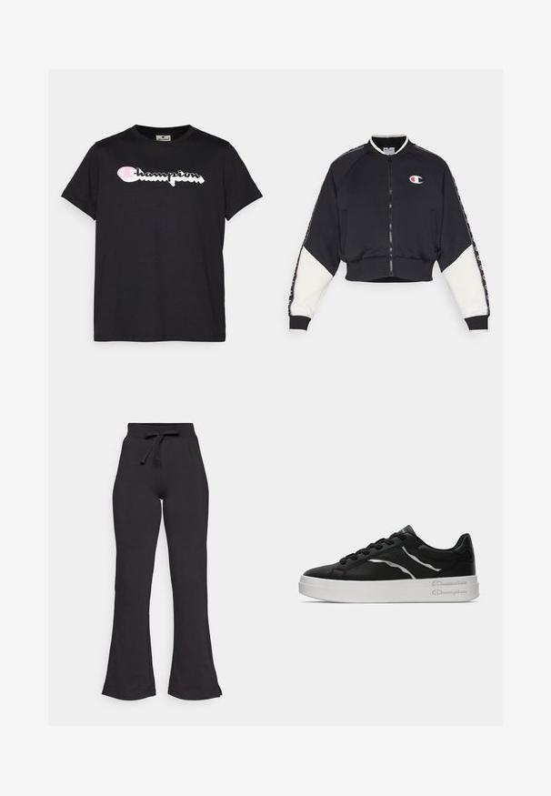Champion SPORT HERITAGE FULL ZIP - Užtrauktuku užsegamas treningas - black; Champion GRAPHIC CREWNECK - Marškinėliai su spaudiniu - black; Juodos flared tipo sportinės kelnės, pagamintos iš minkštos medžiagos, su raišteliu reguliuojamu juosmeniu ir lygiu paviršiumi. Sukurtos patogumui ir lengvam dėvėjimui.; Juoda odinė sportinė avalynė su balta padu, turinti plonus sidabrinius akcentus ir raištelių dizainą. Lygus paviršius su prekės ženklo detalėmis ant kulno.