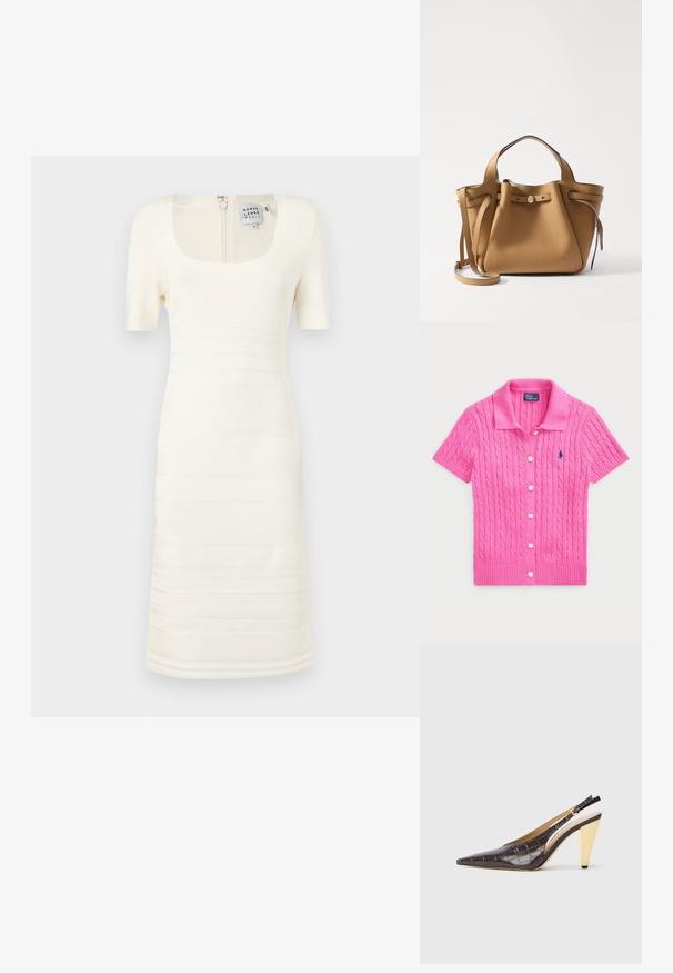 Polo Ralph Lauren CABLE COTTON SHORT SLEEVE POLO CARDIGAN - Cardigan - dalia pink; Abito bianco a maglia a coste con scollatura quadrata e maniche corte; presenta motivi testurizzati orizzontali e chiusura con zip sul retro.; Tacco slingback a punta in ecopelle lucida effetto coccodrillo marrone scuro. Caratterizzato da un tacco geometrico in tonalità oro e da una cinghia alla caviglia regolabile.; Tory Burch ROMY PEBBLED SATCHEL - Borsa a mano - tiramisu