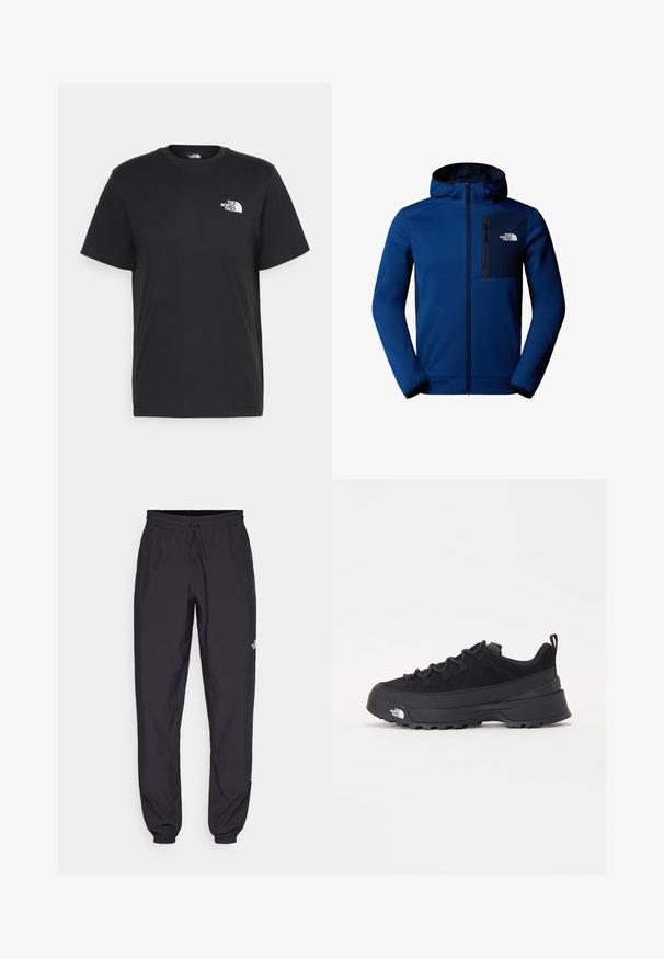 Dark blue hooded jacket with zip front, elastic cuffs, and a chest pocket. Features smooth fabric and contrasting black accents.; Black cotton t-shirt with short sleeves, crew neck, and a small white logo on the left chest. Simple design, smooth texture, and relaxed fit.; Black athletic pants made from lightweight fabric, featuring a drawstring waistband, side pockets, and tapered cuffs at the ankles.; Black outdoor sneaker with a suede upper, textured rubber sole, and sturdy lacing system. Features a reinforced heel and brand logo on the side.