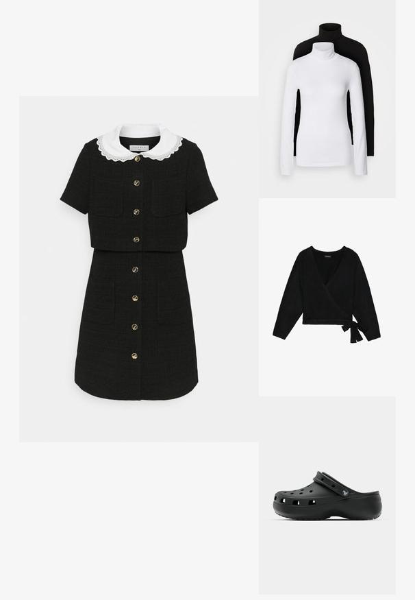 Sort indpakket sweater lavet af blødt materiale. Har en dyb V-hals, lange ærmer og en sidesløjfe, der giver mulighed for justerbar pasform.; Sort kjole med korte ærmer, hvid krave og guld knapper. Har struktureret stof og to forlommer, hvilket giver et skræddersyet udseende.; To sæt langærmede turtleneck toppe, en hvid og en sort, lavet af et glat, strækbart stof, begge med slim-fit design og høje kraver.; Sort gummiklæde med ventilationshuller, hævet hæl, rygrem og tekstureret sål. Glat overflade med et minimalistisk design.