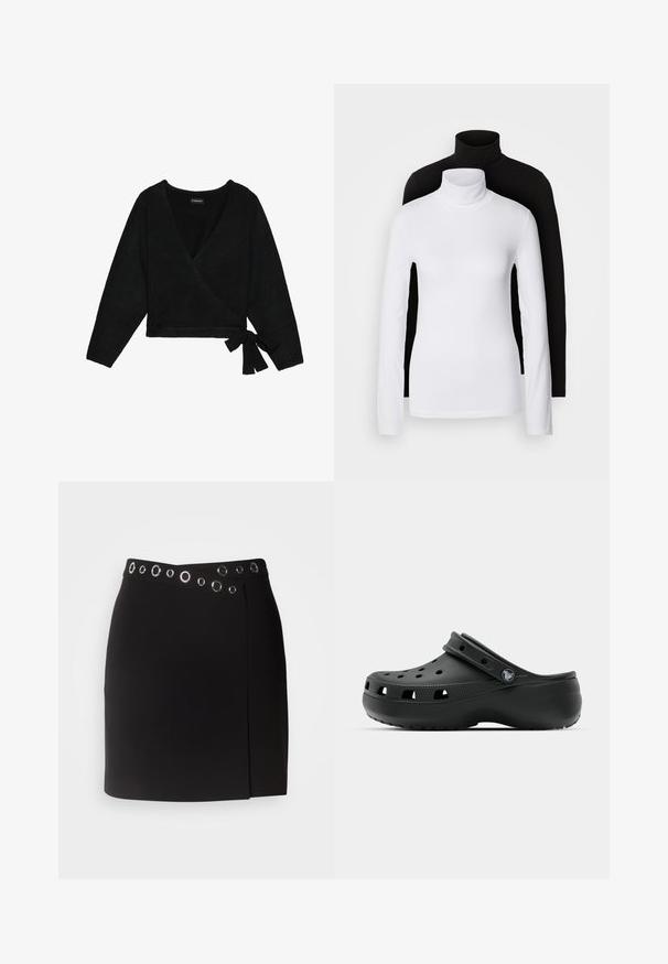 Un pull enveloppant noir en matériau doux. Il présente un décolleté en V profond, des manches longues et un détail de lien sur le côté pour un ajustement réglable.; Deux tops à manches longues en col roulé, l'un blanc et l'autre noir, fabriqués dans un tissu lisse et extensible, tous deux dotés d'une coupe ajustée et de cols hauts.; Morgan JILLY - Jupe portefeuille - noir; Sabots en caoutchouc noir avec des trous de ventilation, un talon surélevé, une sangle arrière et une semelle texturée. Fini lisse avec un design minimaliste.