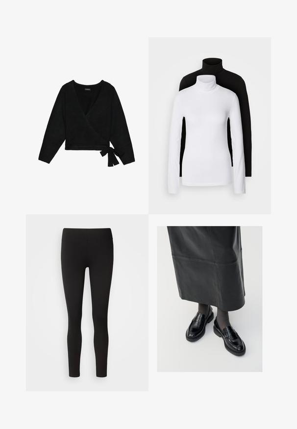Un pull enveloppant noir en matériau doux. Il présente un décolleté en V profond, des manches longues et un détail de lien sur le côté pour un ajustement réglable.; Deux tops à manches longues en col roulé, l'un blanc et l'autre noir, fabriqués dans un tissu lisse et extensible, tous deux dotés d'une coupe ajustée et de cols hauts.; Leggings noirs fabriqués en tissu extensible avec une taille sans couture, un design ajusté et une texture lisse, adaptées à diverses activités.; Mocassins en cuir noir avec une finition lisse, ornés d'une bande décorative, à bout rond et avec une semelle texturée. Portés avec une longue jupe en cuir noir.