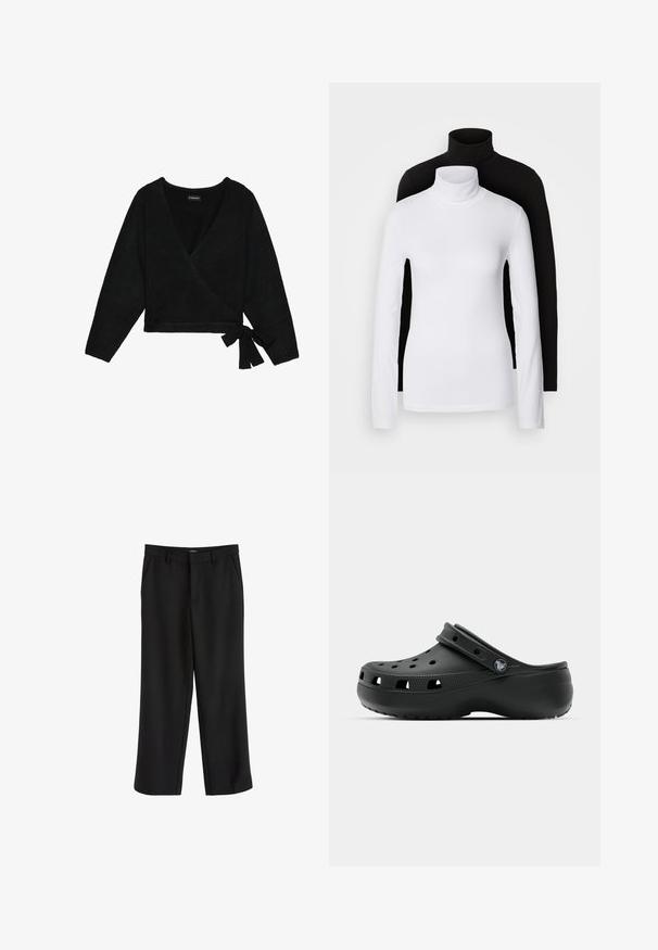 Black wrap sweater made of soft material. Features a deep V-neck, long sleeves, and a side tie detail for adjustable fit.; Two long-sleeve turtleneck tops, one white and one black, made of a smooth, stretchy fabric, both featuring slim-fitting design and high collars.; Black trousers with a smooth fabric, straight leg design, and flat front pockets. Features a waistband with belt loops. No visible patterns.; Black rubber clog with ventilation holes, a raised heel, a back strap, and textured sole. Smooth finish with a minimalist design.