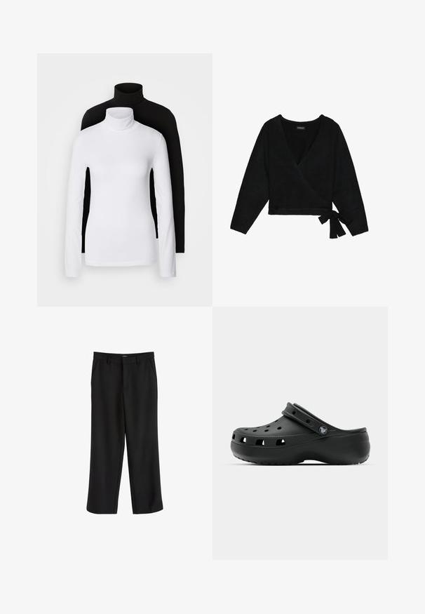 Black wrap sweater made of soft material. Features a deep V-neck, long sleeves, and a side tie detail for adjustable fit.; Two long-sleeve turtleneck tops, one white and one black, made of a smooth, stretchy fabric, both featuring slim-fitting design and high collars.; Black trousers with a smooth fabric, straight leg design, and flat front pockets. Features a waistband with belt loops. No visible patterns.; Black rubber clog with ventilation holes, a raised heel, a back strap, and textured sole. Smooth finish with a minimalist design.