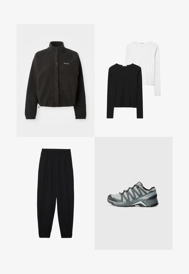 Black fleece jacket with a high collar, snap buttons, and textured fabric. Features raglan sleeves and an adjustable hem for a snug fit.; Black and white long-sleeve t-shirts, featuring round necklines, soft fabric, and a fitted design with straight hems.; Black, lightweight pants with an elastic waistband and gathered ankles. The fabric is smooth and features a relaxed, tapered design.; Lightweight hiking shoes in gray mesh with dark accents. Features a textured outsole and a cushioned heel for comfort and grip.