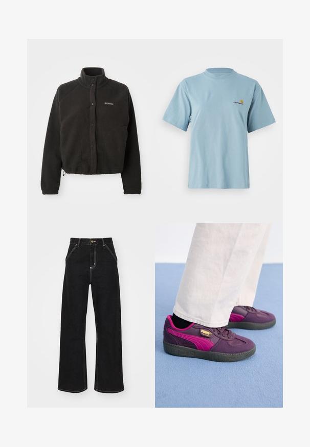Jachetă din fleece neagră cu guler înalt, nasturi cu capsenă și material texturat. Prezintă mâneci raglan și un tiv ajustabil pentru o potrivire confortabilă.; Tricou din bumbac, de culoare albastru deschis, cu mânecă scurtă, guler rotund și un mic logo Carhartt galben și roșu pe pieptul stâng.; Jeans negri, cu pantaloni evazați, din denim, caracterizându-se prin cusături albe contrastante și închidere cu un nasture în față, având două buzunare frontale înclinate.; Adidași mov și roz cu talpă din cauciuc, având o suprafață texturată, șireturi și marcaj aurie pe lateral. Pantalonii albi contrastează cu încălțămintea.