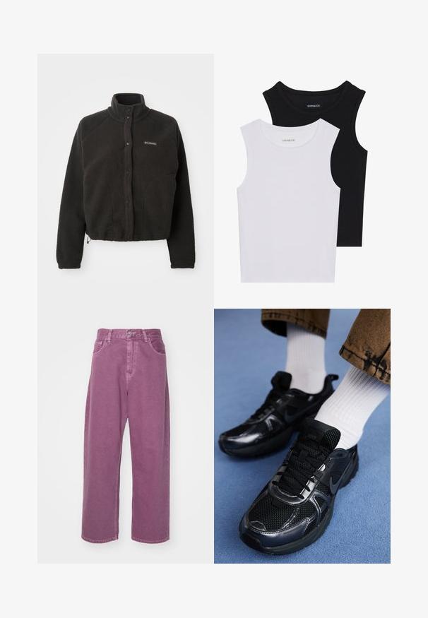 Veste en polaire noire avec un col haut, des boutons-pression et un tissu texturé. Elle dispose de manches raglan et d'un ourlet ajustable pour un ajustement confortable.; Deux hauts sans manches en noir et blanc, en coton côtelé, avec des encolures rondes et une coupe ajustée. Étiquettes visibles sur les deux.; Carhartt WIP BRANDON PANT - Jean boyfriend - dusty fuchsia; Des chaussures de sport noires Nike présentent une tige en maille avec des accents brillants, des lacets noirs et une semelle texturée. Associées à des chaussettes blanches côtelées.
