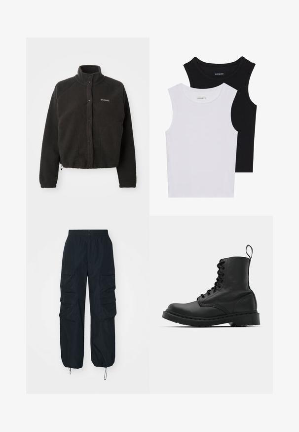 Must musternahk, millel on kõrge kaelus, nupud ja tekstuuriga kangas. Omab raglan varrukaid ja reguleeritavat äärt, et pakkuda tihedat sobivust.; Kaks lühikeste varrukateta toppi mustas ja valges, valmistatud ribakudumist, ümarate kaelustega ja sobiva disainiga. Mõlemal on nähtavad sildid.; Mustad mustad püksid, mis on valmistatud kergekalu materjalist, millel on mitmed küljetaskud, elastne vöökoht ja reguleeritavad alused.; Mustad mustavi combat kingad ümmarguse varbaga, paeltega esiosa ja säärel tõmbeaas. Omab paksu kummist tallat, mis tagab vastupidavuse.