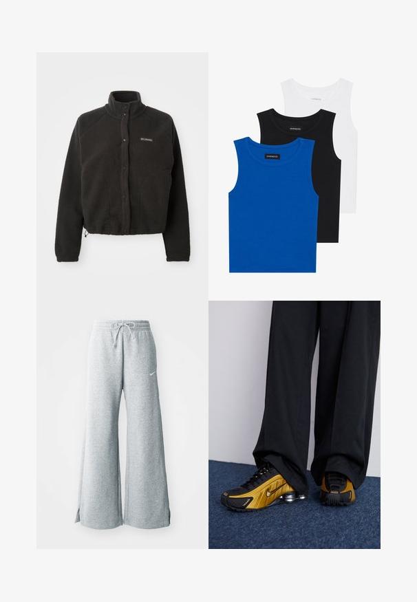 Crna flis jakna s visokim ovratnikom, dugmadi na dugme i teksturiranim materijalom. Ima raglan rukave i podesiv rub za čvrsto pristajanje.; Trii bezrukavne majice u plavoj, crnoj i bijeloj boji. Tkanina je rebrasta s okruglim izrezom. Svaka majica ima oznaku označenu „even&odd.“; Svijetlosive trenirke od mekog materijala, sa strukom na vezanje, širokim nogavicama i bočnim prorezima. Diskretno prikazan Nike logo.; Nike Sportswear SHOX R4 - Tenisice - black/metallic gold/metallic silver