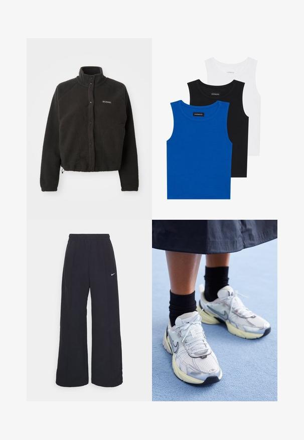 Musta fleece-takki, jossa on korkea kaulus, tarranapit ja tekstuuri. Ominaisuuksiin kuuluvat raglan-hihat ja säädettävä helmavarsi mukautuvan istuvuuden takaamiseksi.; Kolme hihattomaa paitaa sinisessä, mustassa ja valkoisessa. Kangas on ribattu ja kaula-aukko on pyöreä. Jokaisessa paidassa on "even&odd"-tunnus.; Mustat leveät housut, joissa on joustava vyötärönauha ja pieni valkoinen Nike-logo. Kangas on sileä, suunniteltu mukavuutta ja rentoa käyttöä varten.; Valkoiset ja hopeiset Nike-lenkkarit, joissa on verkkomateriaalia, heijastavia yksityiskohtia ja beige pohja. Käytetään mustien sukkien kanssa, seisten sinisellä pinnalla.