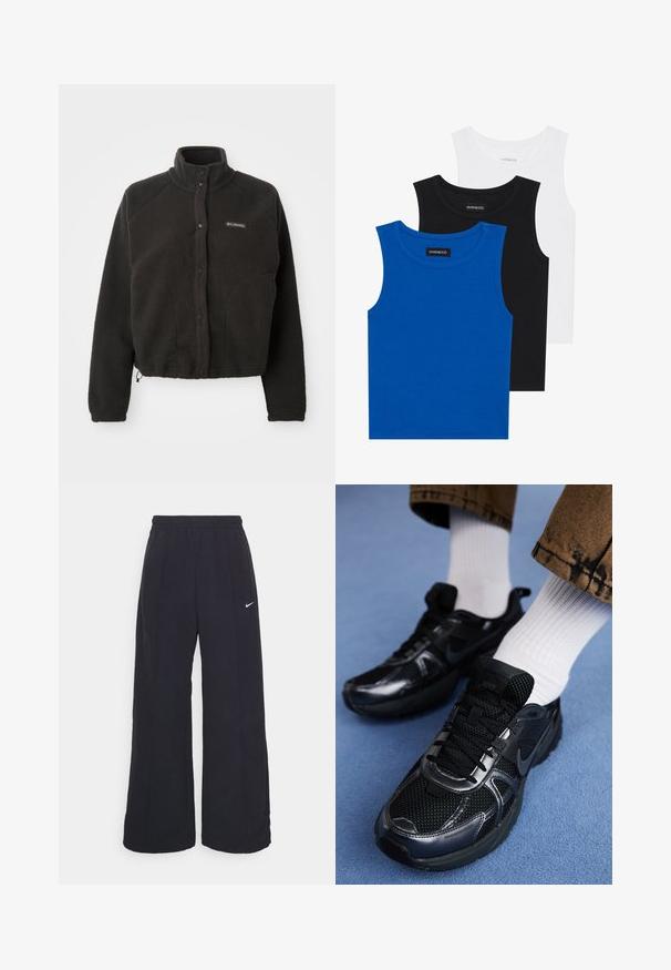 Polar fleece preto com gola alta, botões de pressão e tecido texturizado. Apresenta mangas raglan e uma bainha ajustável para um ajuste confortável.; Três camisetas sem mangas em azul, preto e branco. O tecido é canelado com um decote redondo. Cada camiseta tem uma etiqueta com a inscrição "even&odd."; Calças largas pretas com um cós elástico e um pequeno logótipo branco da Nike. O tecido tem uma textura suave, projetado para conforto e uso casual.; Os sapatos de desporto pretos da Nike apresentam uma parte superior em malha com detalhes brilhantes, atacadores pretos e uma sola texturizada. Usados com meias brancas caneladas.