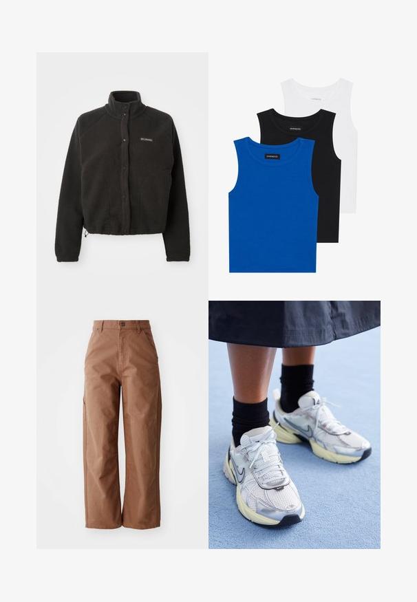 Veste en polaire noire avec un col haut, des boutons-pression et un tissu texturé. Elle dispose de manches raglan et d'un ourlet ajustable pour un ajustement confortable.; Trois débardeurs sans manches en bleu, noir et blanc. Le tissu est côtelé avec un col rond. Chaque débardeur a une étiquette portant la mention « even&odd ». ; Pantalons larges marron en tissu robuste. Dotés d'une taille haute, de poches avant et de détails de couture subtils.; Baskets Nike blanches et argentées avec tissu en maille, accents réfléchissants et semelle beige. Portées avec des chaussettes noires, se tenant sur une surface bleue.