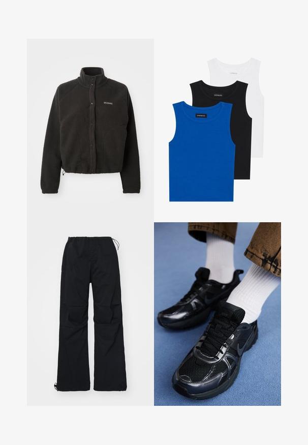 Veste en polaire noire avec un col haut, des boutons-pression et un tissu texturé. Elle dispose de manches raglan et d'un ourlet ajustable pour un ajustement confortable.; Trois débardeurs sans manches en bleu, noir et blanc. Le tissu est côtelé avec un col rond. Chaque débardeur a une étiquette portant la mention « even&odd ». ; Un pantalon cargo noir avec une taille élastique et un cordon de serrage, deux poches latérales et une coupe large. Fabriqué en tissu durable.; Des chaussures de sport noires Nike présentent une tige en maille avec des accents brillants, des lacets noirs et une semelle texturée. Associées à des chaussettes blanches côtelées.