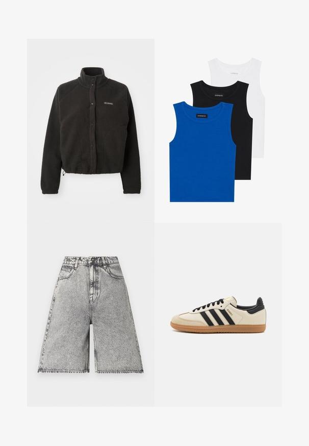 Zwarte fleecejack met hoge kraag, drukknopen en textuurstof. Beschikt over raglanmouwen en een verstelbare zoom voor een snug fit.; Drie mouwloze shirts in blauw, zwart en wit. De stof is ribbelstof met een ronde hals. Elk shirt heeft een label met de tekst "even&odd."; Denim shorts in een zwart en grijs acid wash patroon, met een hoge taille, riemlussen en vijf zakken. Randen zijn afgewerkt.; Beige sportieve schoen met zwarte strepen, gumrubberen zool en zwarte accenten. Beschikt over een gladleren bovenkant en een ronde neusdesign.