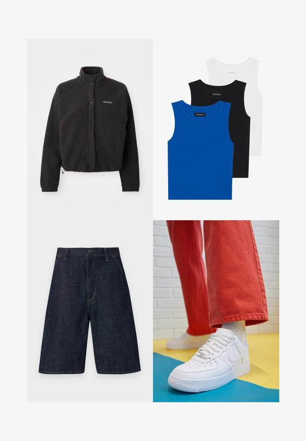 Sort fleecejakke med høj krave, trykknapper og struktureret stof. Har raglanærmer og en justerbar kant for en tætsiddende pasform.; Tre ærmeløse skjorter i blå, sort og hvid. Stoffet er ribbet med en rund halsudskæring. Hver skjorte har et mærke med teksten "even&odd."; Mørkeblå denimshorts med lige snit, der har en knaplukning, fem lommer og synlig gul syning langs sømmene.; Hvide lædersneakers med perforeret tå-kasse, tekstureret sål og hvide snørebånd, parret med brede røde bukser og en blå-gul baggrund.