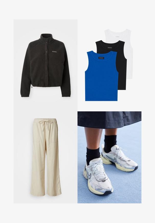 Juodas vilnonis džemperis su aukštu apykakle, spaudimo mygtukais ir tekstūruotu audiniu. Yra raglan tipo rankovės ir reguliuojamas apačios kraštas, užtikrinantis tvirtą prigludimą.; Trys bešvarkiai marškiniai mėlynos, juodos ir baltos spalvų. Medžiaga yra raštuota, su apvalia iškirpte. Kiekvienas marškinys turi etiketę su užrašu „even&odd.“; Smėliniai lininiai plačiakelniai kelnes su elastinga juosmens juosta ir raišteliu, turinčios dvi priekinės kišenės ir švelnų, tekstūruotą paviršių.; Balti ir sidabriniai Nike sportbačiai su tinkline medžiaga, atspindinčiais akcentais ir smėlio spalvos padu. Dėvimi su juodomis kojinėmis, stovint ant mėlynos paviršiaus.