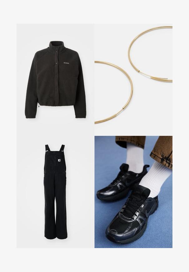 Musta fleece-takki, jossa on korkea kaulus, tarranapit ja tekstuuri. Ominaisuuksiin kuuluvat raglan-hihat ja säädettävä helmavarsi mukautuvan istuvuuden takaamiseksi.; Kolme hihattomaa paitaa sinisessä, mustassa ja valkoisessa. Kangas on ribattu ja kaula-aukko on pyöreä. Jokaisessa paidassa on "even&odd"-tunnus.; Mustat farkkuhaalarit leveillä lahkeilla, säädettävillä olkahihnoilla, etutaskulla ja logo-patchilla rinnassa. Kestävä kangas matta pinnalla.; Mustat Nike-tennarit, joissa on verkkokangas- ja synteettisiä materiaaleja, teksturoitu päällinen, mustat nauhat ja kestävät kumipohjat. Valkoiset ribbineulotut sukat näkyvissä.; Kultaiset rengaskorvakorut, ohuet ja pyöreät, joissa on sileä metallipinta ilman koristeluja tai kuvioita.