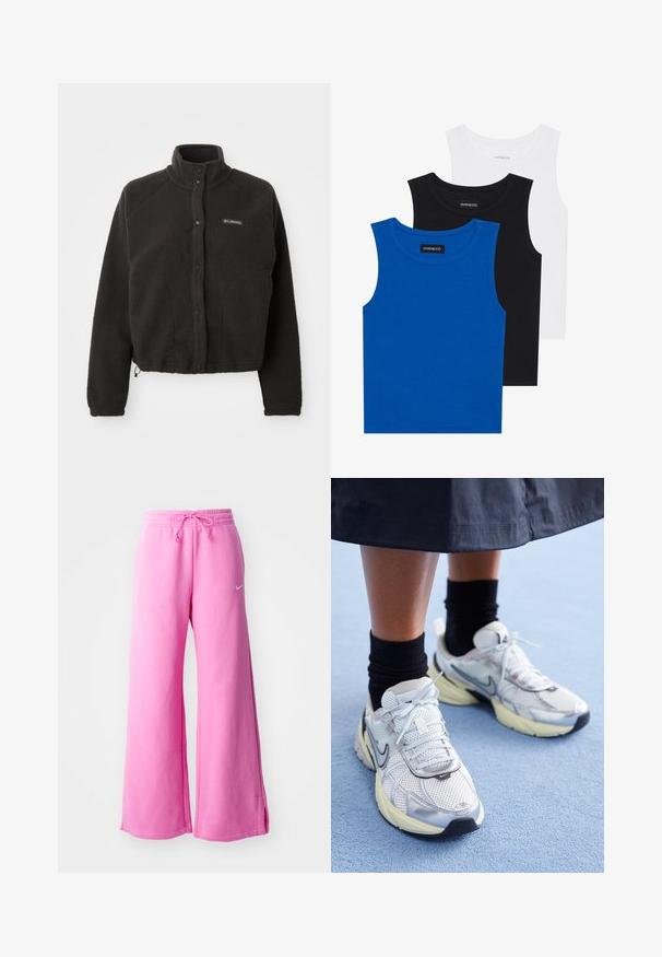 Svart fleecejacka med hög krage, tryckknappar och strukturerad tyg. Har raglanärmar och en justerbar fåll för en snug passform.; Tre ärmlösa tröjor i blått, svart och vitt. Tyget är ribbat med rund halsringning. Varje tröja har en etikett märkt "even&odd."; Rosa vida byxor i mjukt bomullsmaterial, med dragsko i midjan och en liten vit logotyp på framsidan.; Vita och silver Nike-sneakers i mesh-material, med reflexdetaljer och en beige sula. Bärs med svarta strumpor, står på en blå yta.