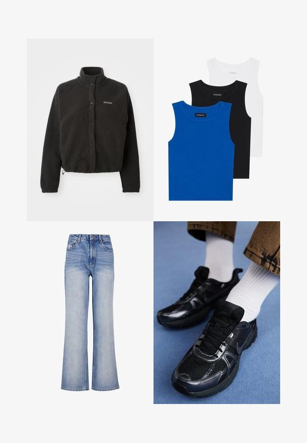 Černá fleecová bunda s vysokým límcem, patentkami a strukturovanou tkaninou. Má raglánové rukávy a nastavitelné zakončení, které zajišťuje pohodlné nošení.; Tři bezramínkové trička v modré, černé a bílé barvě. Materiál je ribovaný s kulatým výstřihem. Každé tričko má štítek s nápisem „even&odd.“; Světle modré rifle s volnými nohavicemi mají vysoký pas, zapínání na knoflíky, mírné vyblednutí a klasický design s pěti kapsami.; Černé sportovní boty Nike mají síťovinový svršek s lesklými akcenty, černé tkaničky a texturovanou podrážku. V kombinaci s bílými žebrovanými ponožkami.