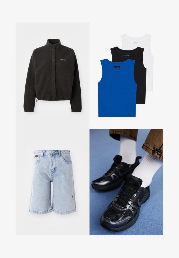 Black fleece jacket with a high collar, snap buttons, and textured fabric. Features raglan sleeves and an adjustable hem for a snug fit.; Three sleeveless shirts in blue, black, and white. The fabric is ribbed with a round neckline. Each shirt has a tag labeled “even&odd.”; Light blue denim shorts featuring a high waist, loose fit, and front pockets. Decorative stitching and brand logo embroidered on the side.; Black Nike sports shoes feature a mesh upper with shiny accents, black laces, and a textured sole. Paired with white ribbed socks.