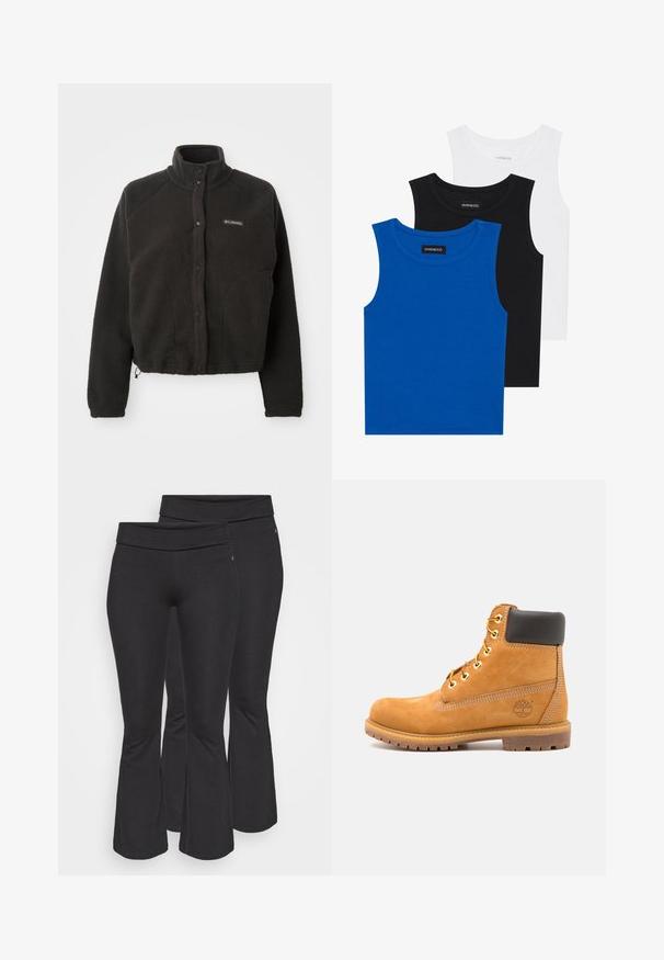 Black fleece jacket with a high collar, snap buttons, and textured fabric. Features raglan sleeves and an adjustable hem for a snug fit.; Three sleeveless shirts in blue, black, and white. The fabric is ribbed with a round neckline. Each shirt has a tag labeled “even&odd.”; Black flared pants made of stretchy material, featuring a wide waistband and smooth texture, suitable for casual or active wear.; Brown leather ankle boot with black padding, gold eyelets, and a textured sole. Features a circular logo on the side and stitching accents.