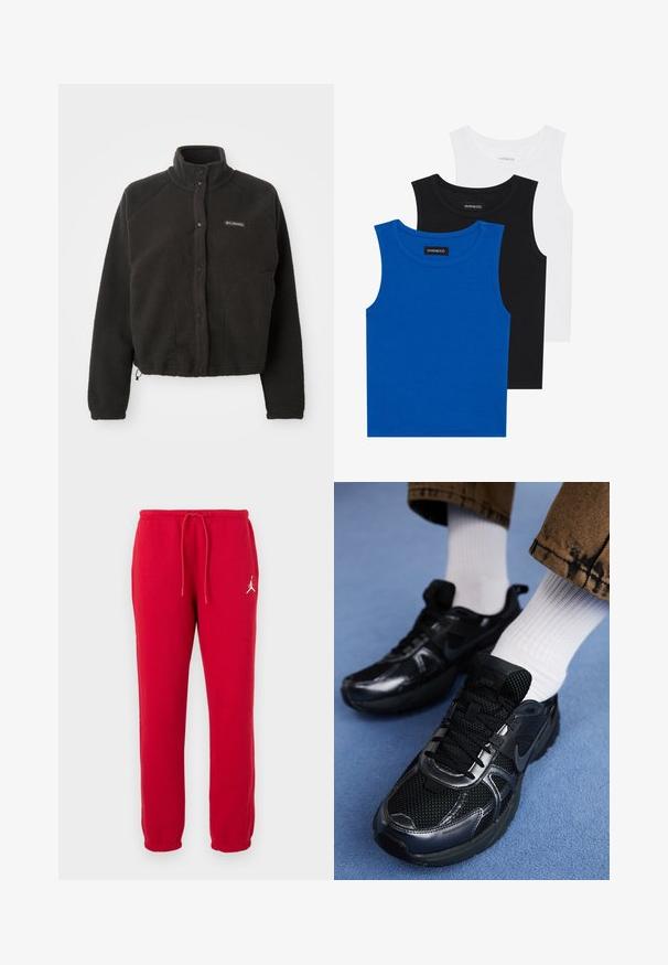 Schwarze Fleecejacke mit hohem Kragen, Druckknöpfen und strukturiertem Material. Sie verfügt über Raglanärmel und einen verstellbaren Saum für eine enge Passform.; Drei ärmellose Hemden in Blau, Schwarz und Weiß. Der Stoff ist gerippt und hat einen runden Ausschnitt. Jedes Hemd hat ein Etikett mit der Aufschrift "even&odd".; Rote Baumwoll-Sweatpants mit einem Kordelzugbund, elastischen Bündchen und einem weißen Logo am linken Oberschenkel. Glatte Textur, normale Passform.; Schwarze Nike-Sneaker aus Mesh und synthetischem Material mit strukturierter Oberseite, schwarzen Schnürsenkeln und strapazierfähigen Gummisohlen. Weiße, gerippte Socken sind sichtbar.