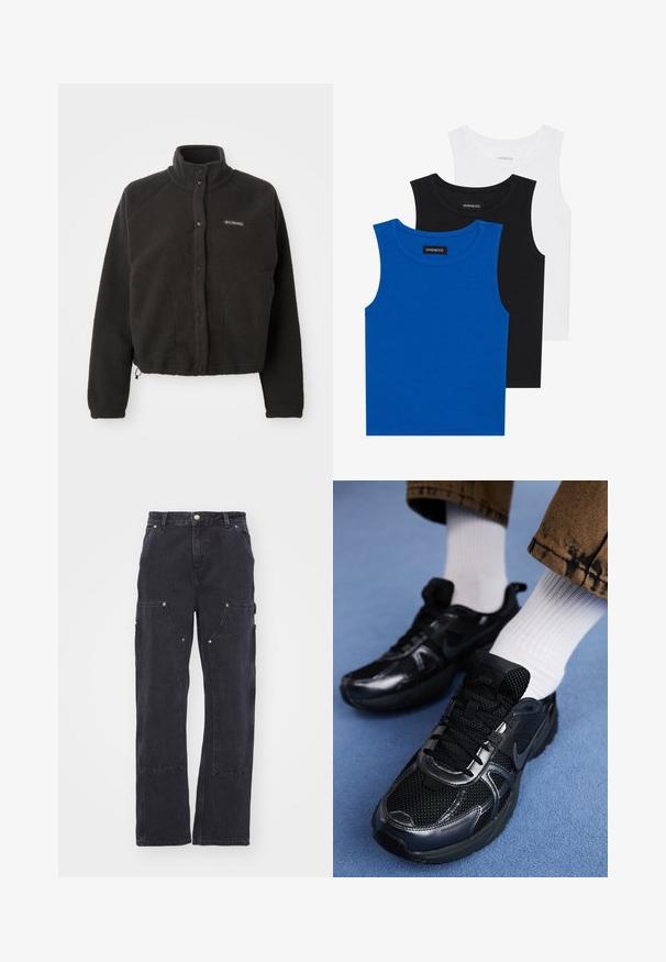 Chaqueta de forro polar negra con cuello alto, botones a presión y tejido texturizado. Presenta mangas raglán y un dobladillo ajustable para un ajuste ceñido.; Tres camisetas sin mangas en azul, negro y blanco. La tela es acanalada con un escote redondo. Cada camiseta tiene una etiqueta con la inscripción "even&odd."; Carhartt WIP NASHUA DOUBLE KNEE PANT - Vaqueros boyfriend - black; Zapatos deportivos Nike de color negro con parte superior de malla y acentos brillantes, cordones negros y suela texturizada. Combinados con calcetines blancos de canalé.
