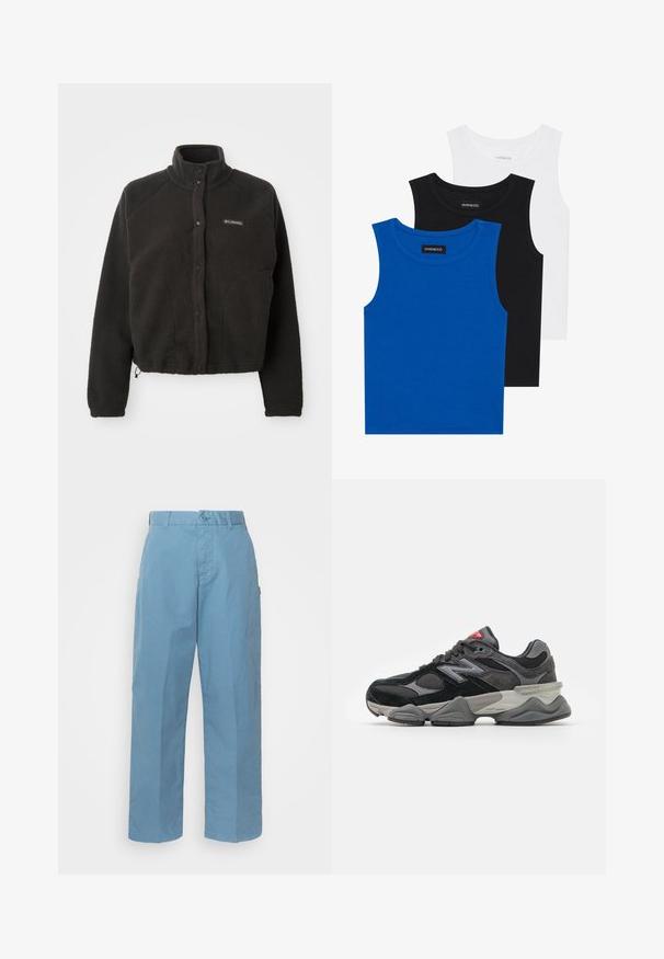 Schwarze Fleecejacke mit hohem Kragen, Druckknöpfen und strukturiertem Material. Sie verfügt über Raglanärmel und einen verstellbaren Saum für eine enge Passform.; Drei ärmellose Hemden in Blau, Schwarz und Weiß. Der Stoff ist gerippt und hat einen runden Ausschnitt. Jedes Hemd hat ein Etikett mit der Aufschrift "even&odd".; Hellblaue Baumwollhose mit geradem Schnitt, ausgestattet mit einem Knopfverschluss, Gürtelschlaufen und einer dezenten Textur.; Schwarzer und grauer Sneaker mit einer Kombination aus Wildleder und Mesh-Materialien, dicker Sohle, ausgeprägtem Logo und roten Akzenten an der Zunge.