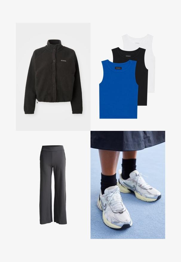 Veste en polaire noire avec un col haut, des boutons-pression et un tissu texturé. Elle dispose de manches raglan et d'un ourlet ajustable pour un ajustement confortable.; Trois débardeurs sans manches en bleu, noir et blanc. Le tissu est côtelé avec un col rond. Chaque débardeur a une étiquette portant la mention « even&odd ». ; Pantalon large en tissu gris foncé avec une texture douce. Dispose d'une taille haute élastique et de poches latérales pour plus de fonctionnalité.; Baskets Nike blanches et argentées avec tissu en maille, accents réfléchissants et semelle beige. Portées avec des chaussettes noires, se tenant sur une surface bleue.