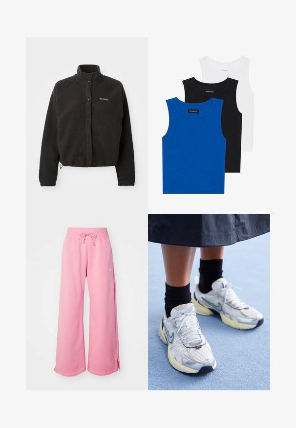 Juodas vilnonis džemperis su aukštu apykakle, spaudimo mygtukais ir tekstūruotu audiniu. Yra raglan tipo rankovės ir reguliuojamas apačios kraštas, užtikrinantis tvirtą prigludimą.; Trys bešvarkiai marškiniai mėlynos, juodos ir baltos spalvų. Medžiaga yra raštuota, su apvalia iškirpte. Kiekvienas marškinys turi etiketę su užrašu „even&odd.“; Rožinės sportinės kelnės, pasižyminčios laisvu siluetu, minkšta medvilne, reguliuojamu raiščiu liemeniui ir šoninėmis skeltimis ant kraštų. Pastebima logotipo detalė.; Balti ir sidabriniai Nike sportbačiai su tinkline medžiaga, atspindinčiais akcentais ir smėlio spalvos padu. Dėvimi su juodomis kojinėmis, stovint ant mėlynos paviršiaus.