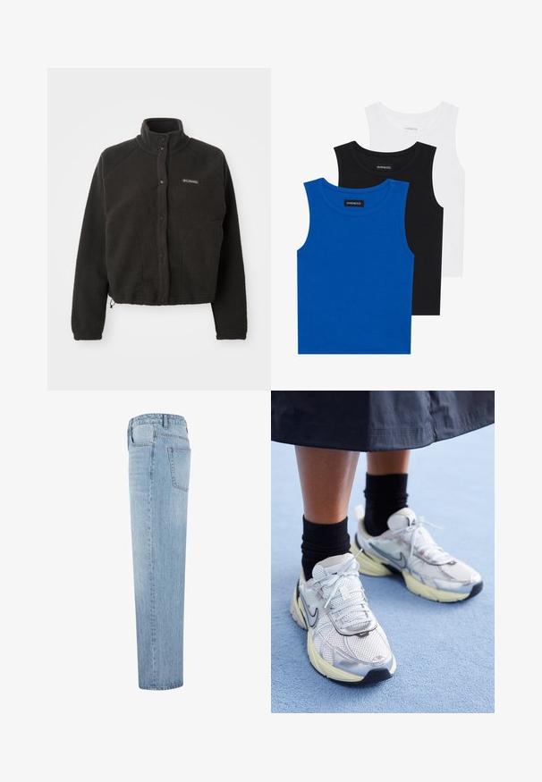 Fekete bolyhos dzseki magas gallérral, patent gombokkal és texturált anyagból. Raglán ujjakkal és állítható aljjal rendelkezik, hogy szoros illeszkedést biztosítson.; Három ujjatlan póló kék, fekete és fehér színben. Az anyaga bordázott, kerek nyakkivágással. Minden pólón egy "even&odd" feliratú címke található.; Világoskék, egyenes szabású farmernadrág magas derékkal és látható hátsó zsebbel, oldalnézetből, fehér háttér előtt.; Fehér és ezüst Nike sportcipők hálós anyagból, fényvisszaverő részletekkel és bézs talppal. Fekete zoknival viselve, egy kék felületen állva.