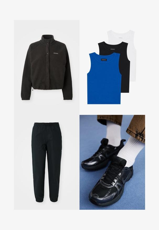 Black fleece jacket with a high collar, snap buttons, and textured fabric. Features raglan sleeves and an adjustable hem for a snug fit.; Three sleeveless shirts in blue, black, and white. The fabric is ribbed with a round neckline. Each shirt has a tag labeled “even&odd.”; Black tapered pants made of a smooth fabric, featuring an elastic waistband, drawstring, and side patch pockets. Elastic cuffs at the ankles.; Black Nike sports shoes feature a mesh upper with shiny accents, black laces, and a textured sole. Paired with white ribbed socks.