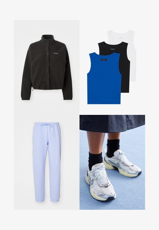 Juodas vilnonis džemperis su aukštu apykakle, spaudimo mygtukais ir tekstūruotu audiniu. Yra raglan tipo rankovės ir reguliuojamas apačios kraštas, užtikrinantis tvirtą prigludimą.; Trys bešvarkiai marškiniai mėlynos, juodos ir baltos spalvų. Medžiaga yra raštuota, su apvalia iškirpte. Kiekvienas marškinys turi etiketę su užrašu „even&odd.“; Šviesiai mėlynos sportinės kelnės, pagamintos iš minkštos medžiagos. Turi elastingą juosmenį su raišteliu, tiesius sijonus ir elastines rankogalius ties kulkšnims.; Balti ir sidabriniai Nike sportbačiai su tinkline medžiaga, atspindinčiais akcentais ir smėlio spalvos padu. Dėvimi su juodomis kojinėmis, stovint ant mėlynos paviršiaus.