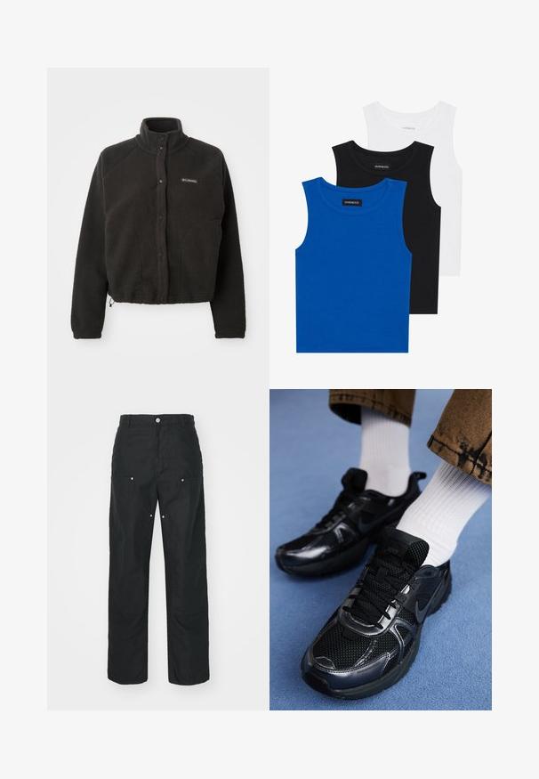 Veste en polaire noire avec un col haut, des boutons-pression et un tissu texturé. Elle dispose de manches raglan et d'un ourlet ajustable pour un ajustement confortable.; Trois débardeurs sans manches en bleu, noir et blanc. Le tissu est côtelé avec un col rond. Chaque débardeur a une étiquette portant la mention « even&odd ». ; Pantalons noirs avec un design à jambe droite, fabriqués dans un tissu texturé. Comprend des accessoires décoratifs en métal argenté et des détails de couture uniques.; Des chaussures de sport noires Nike présentent une tige en maille avec des accents brillants, des lacets noirs et une semelle texturée. Associées à des chaussettes blanches côtelées.