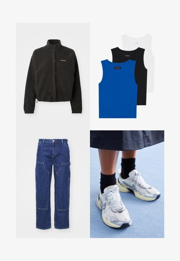 Musta fleece-takki, jossa on korkea kaulus, tarranapit ja tekstuuri. Ominaisuuksiin kuuluvat raglan-hihat ja säädettävä helmavarsi mukautuvan istuvuuden takaamiseksi.; Kolme hihattomaa paitaa sinisessä, mustassa ja valkoisessa. Kangas on ribattu ja kaula-aukko on pyöreä. Jokaisessa paidassa on "even&odd"-tunnus.; Carhartt WIP NASHUA DOUBLE KNEE PANT - Relaxed fit -farkut - blue; Valkoiset ja hopeiset Nike-lenkkarit, joissa on verkkomateriaalia, heijastavia yksityiskohtia ja beige pohja. Käytetään mustien sukkien kanssa, seisten sinisellä pinnalla.