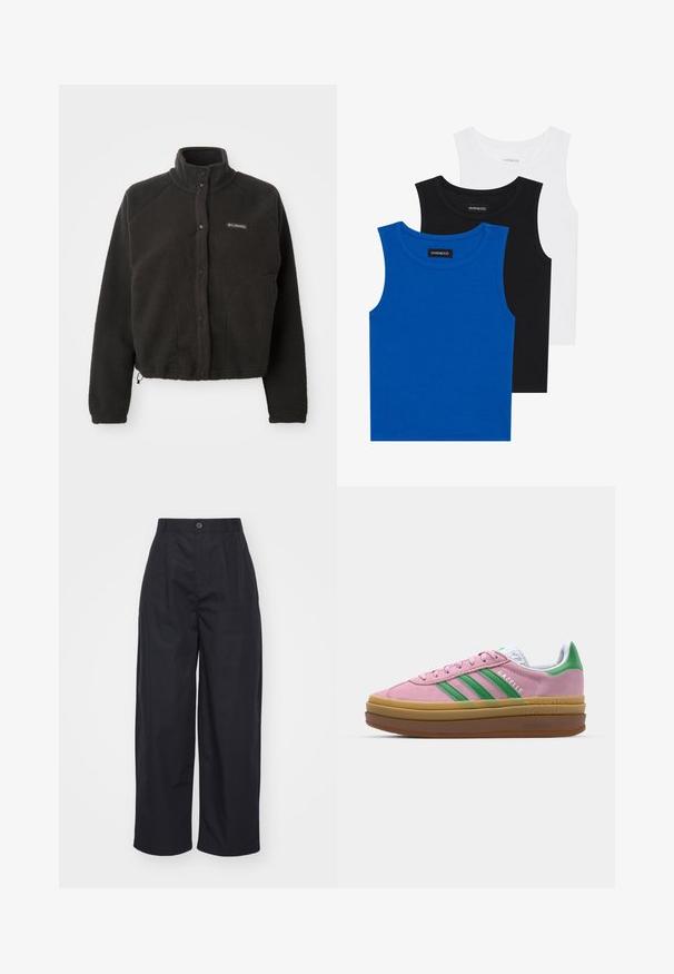 Black fleece jacket with a high collar, snap buttons, and textured fabric. Features raglan sleeves and an adjustable hem for a snug fit.; Three sleeveless shirts in blue, black, and white. The fabric is ribbed with a round neckline. Each shirt has a tag labeled “even&odd.”; Black wide-leg trousers made of cotton. Features a high waist with a button closure and a smooth texture. No visible patterns or accents.; Pink suede sneakers with green stripes, white accents, and a brown rubber sole. Features textured fabric and logo detailing on the side.