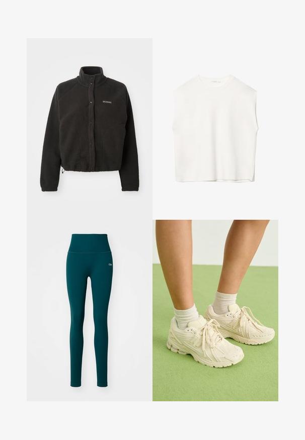 Čierna fleecová bunda s vysokým golierom, patentnými gombíkmi a textúrovanou látkou. Má raglánové rukávy a nastaviteľný lem pre pohodlné prispôsobenie.; Biele bezrukávové tričko s voľným strihom, okrúhlym výstrihom, hladkou textúrou a rovným lemom. Jednoduchý dizajn bez vzorov a kovania.; Teal legíny s vysokým pásom vyrobené z rebrovanej tkaniny. Majú hladkú textúru a malé logo na ľavom boku. Bez vzorov alebo ozdôb.; Svetlohnedé tenisky majú textúrovanú látku, okrúhly špičku a polstrovanú podrážku. Nosia sa s béžovými členkovými ponožkami na zelenom povrchu.